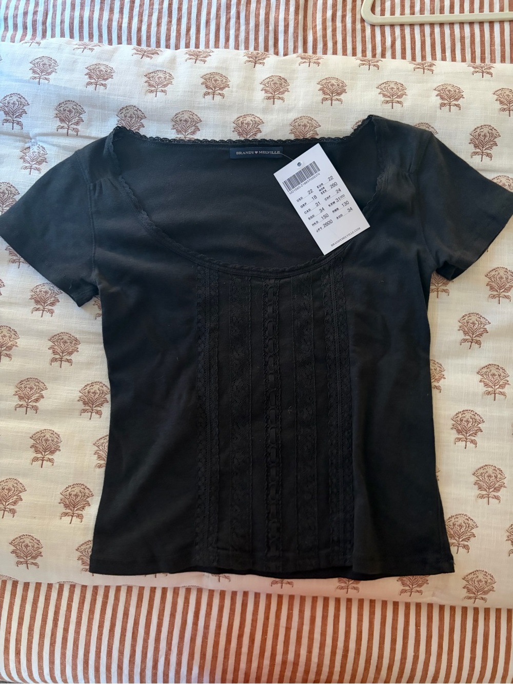 Brandy Melville Black Short-Sleeve Scoop Neck Tee with Front Lace Panels